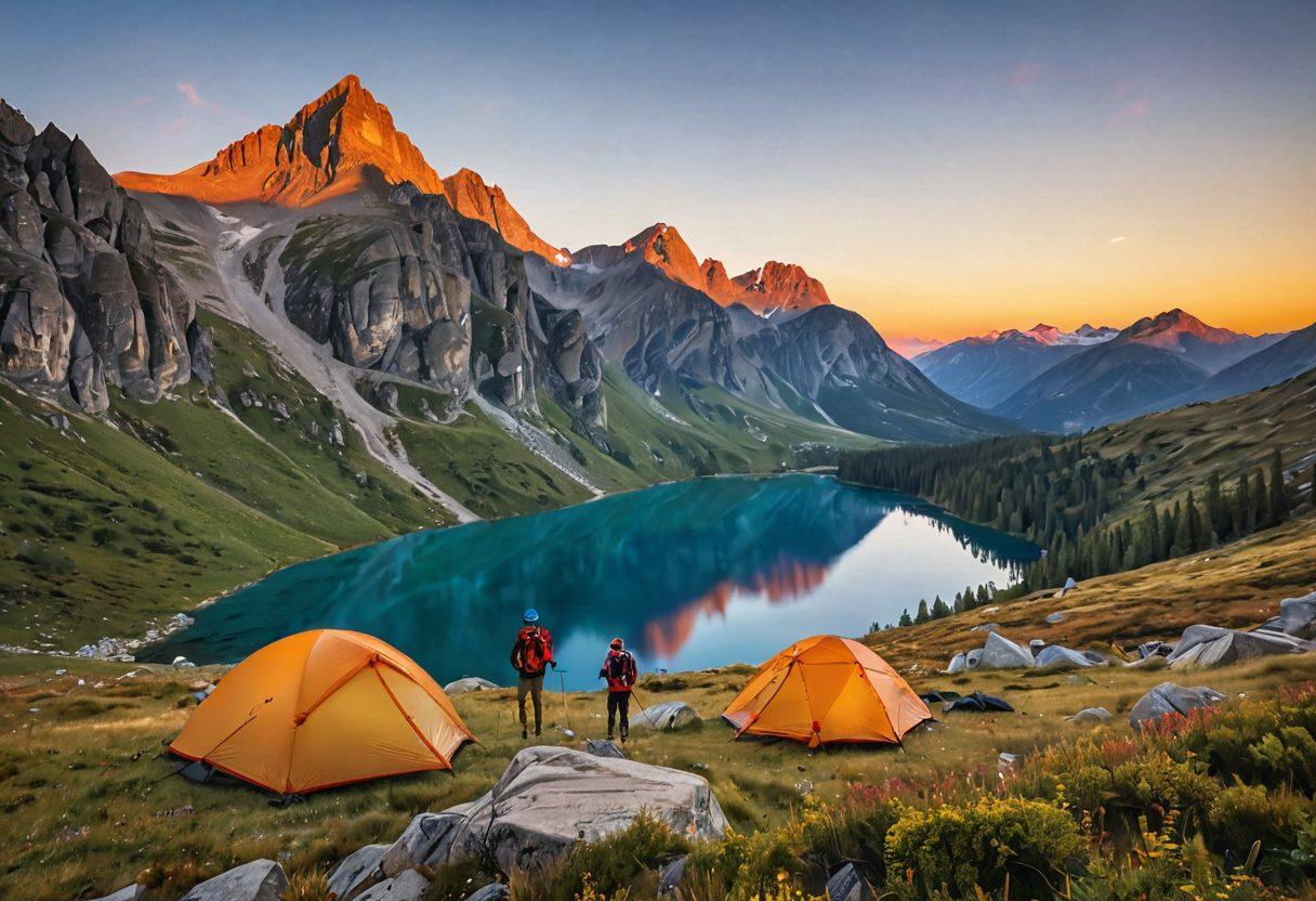 A panoramic view showcasing a breathtaking mountain landscape with a diverse group of adventurers using essential camping and hiking gear, including tents, backpacks, and hiking poles. The scene should encompass a vibrant sunset casting warm colors over the rugged terrain, with lush greenery and a clear blue sky. Ensure a sense of excitement and exploration is conveyed through the characters' expressions and activities. super-realistic. vibrant colors. wide-angle.