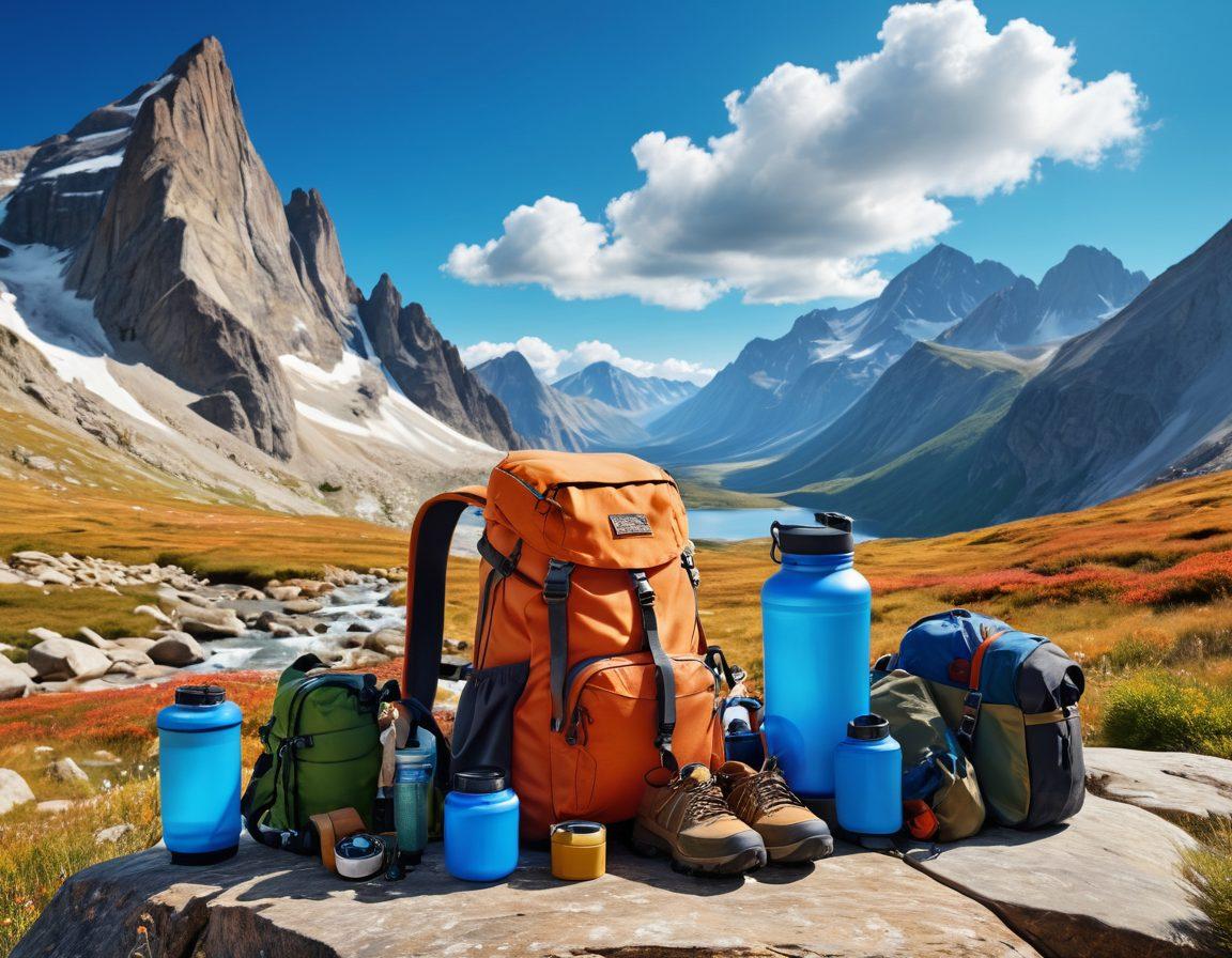 A vibrant outdoor scene showcasing diverse adventure gear such as backpacks, hiking boots, a compass, and a portable water filter. Include a breathtaking mountainous landscape in the background with a clear blue sky and hints of clouds. Add a few adventurous people engaged in activities like hiking and exploring. The scene should evoke excitement and a sense of exploration. super-realistic. vibrant colors. 3D.