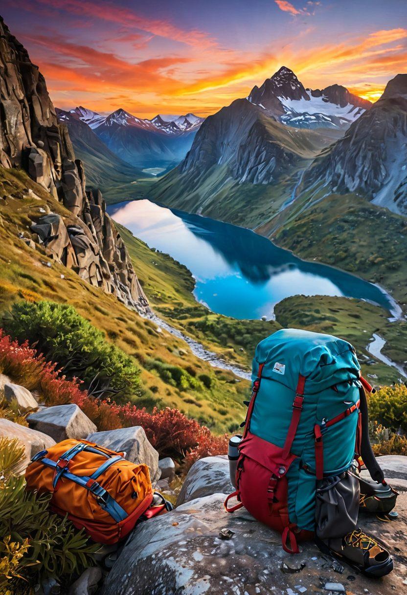 A vibrant landscape showcasing an adventurous scene with essential outdoor gear: a sturdy backpack, a tent, a compass, and hiking boots spread across a picturesque mountain setting. In the background, a breathtaking sunset illuminates the sky, while a river winds through the valley. A few adventurous individuals can be seen engaging with the equipment, embodying the spirit of exploration. super-realistic. vibrant colors. panoramic view.